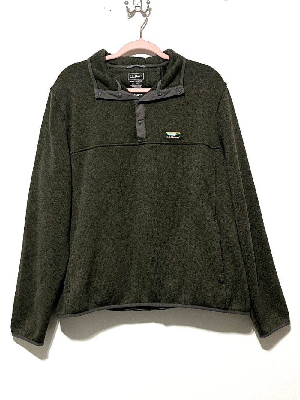 LL Bean Mens 1/4 Snap Sweater Fleece Pullover XL Green Slightly Fitted Gorpcore